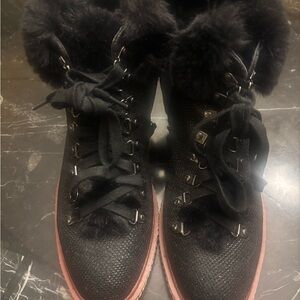 kate spade Black Faux Fur Lace-Up Winter Booties with Pink Trim